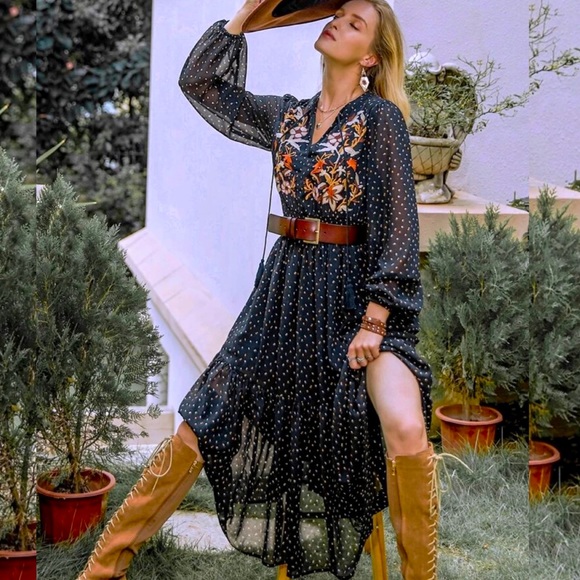 None Dresses & Skirts - Bohemian Black Polka Dot Bishop Sleeve Ruffled Hem Floral Maxi Dress